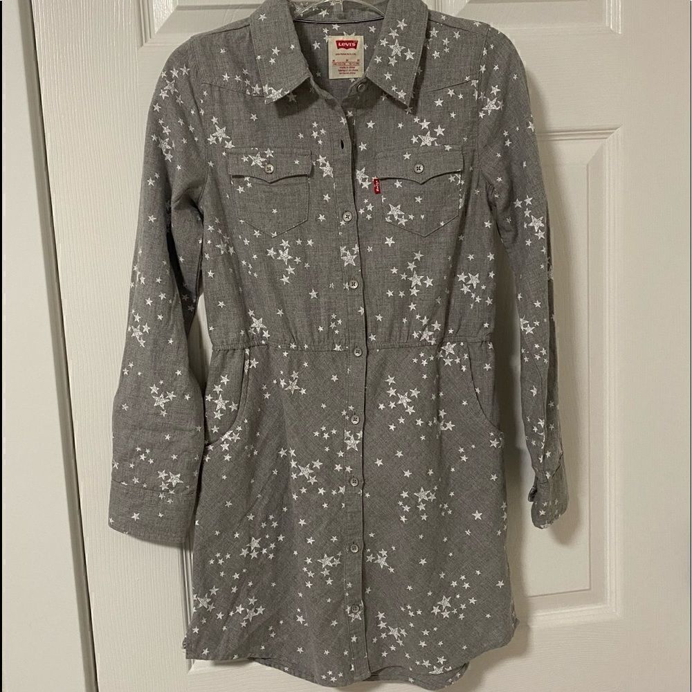 Levi’s Girls Shirt Dress Long Sleeve Gray Printed Stars Size M Youth (10-12) EUC